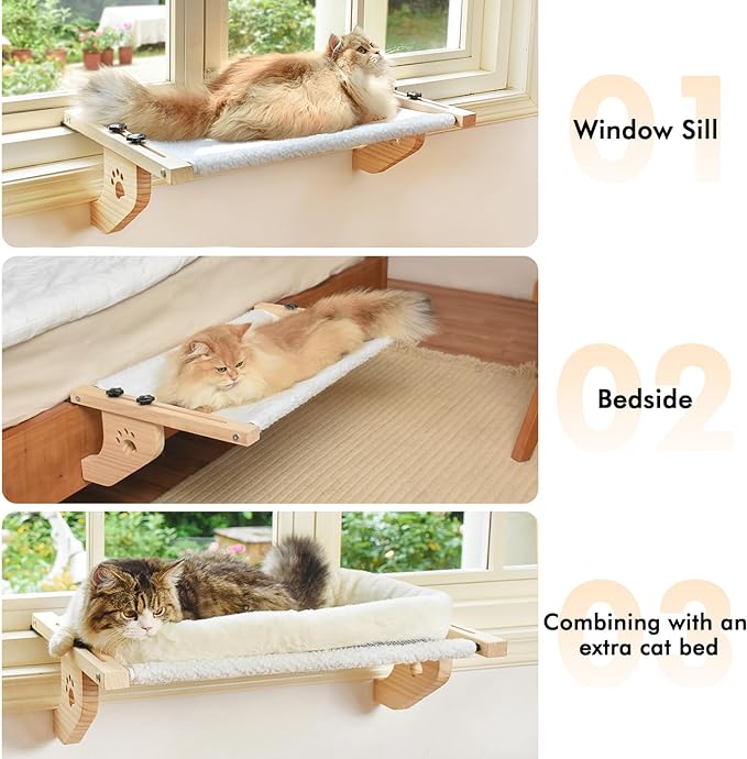 AMOSIJOY Cat Sill Window Perch Sturdy Cat Hammock Window Seat with Wood & Metal Frame for Large Cats, Easy to Adjust Cat Bed for Windowsill, Bedside, Drawer and Cabinet