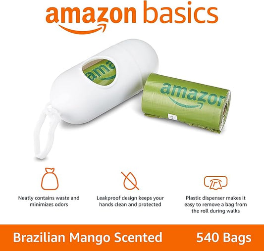 Amazon Basics Premium Leak Proof Dog Poop Bags with Dispenser and Leash Clip, Brazilian Mango Scented, 13" x 9", 540 Count (36 Rolls of 15)
