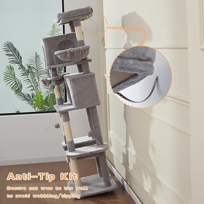 Letkind 70-Inch Cat Tree,Large Cat Tree Tower with Hammock, Scratching Post, Condo and Multi-Level Cat Tower for Large Cats, Cat Activity Center Playhouse, Light Gray LCT016