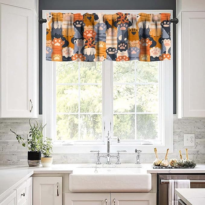 Paw Valances Curtain for Kitchen, Cute Feline Raising Hands While Showing Paw Window Treatment Valances Short Curtains Rod Pocket Drape for Dining Room Home Farmhouse Decor, 54x18inch
