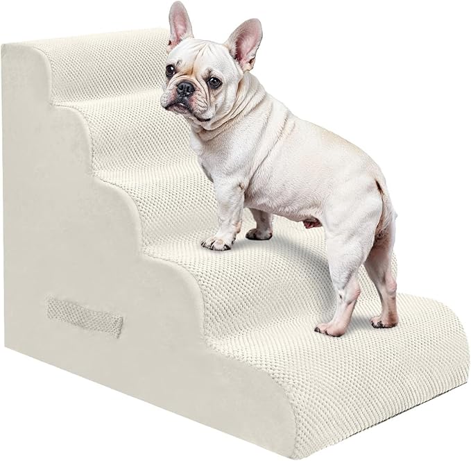 PAWSCART Pet Stairs for Dogs 5-Step, 22.8" H Pet Stairs for High Bed, Couch Sofa & Chair, 30D Material Soft Foam Dog Steps with Non-Slip Bottom Surface Removable Washable Cover, Beige