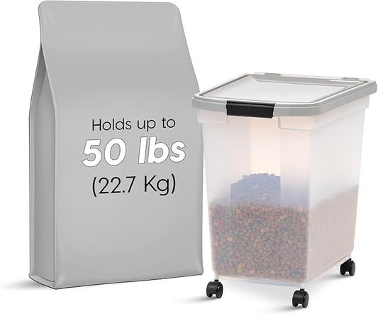 IRIS USA Airtight Dog Food Storage Container, WeatherPro, Up to 50 lbs, Removable Wheels, for Dog Cat Bird and Other Pet Food Storage Bin, Keep Fresh, Translucent Body, Made in USA, Clear/Gray
