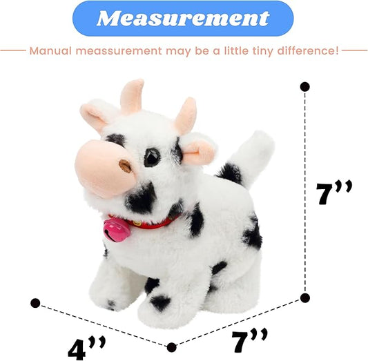 Hopearl Walking Cow Interactive Electronic Pet Plush Diary Cattle Toy with Sounds and Movements MOO Nodding Head Wag Tail Animated Gift for Toddlers Birthday, Black, 7''