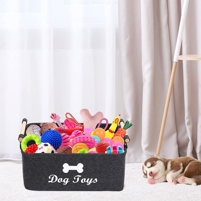Geyecete Dog Toys Storage Bins - with Wooden Handle, Collapsible Pet Supplies Storage Basket Pet supplies storage Basket/Bin Kids Toy Chest Storage Trunk(DOG-Dark Grey)