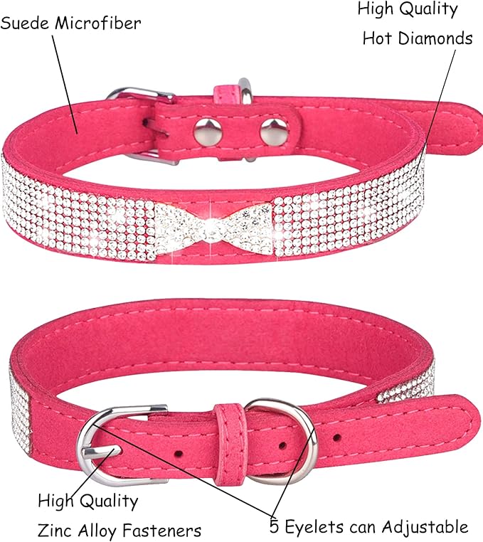 Bling Dog Collar for Small Medium Large Dogs, Crown Rhinestone Dog Collars for Girl and boy Dog, Diamond Puppy Collars, Adjustable Leather Suede SOFE Cat Collar (XS(8.2"-10.6"/21CM-27CM), Rose Red2)