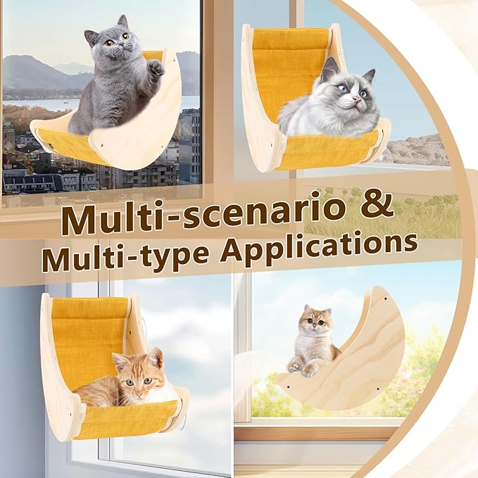 Cat Window Bed, Window Seat for Cats Inside, Wooden Half Moon Shaped Cat Window Perch with Strong Suction Cups for Sleep and Watch Birds