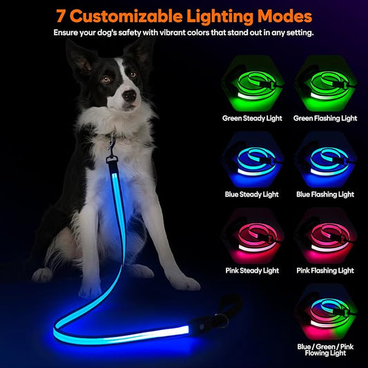 LED Dog Leash Ultra Bright, Waterproof, 7 Lighting Mode, Glow in The Dark & Reflective, Type-C Rechargeable, Battery Indicator, Carabiner Clip for Night Walking Safety, Small to Large Pets