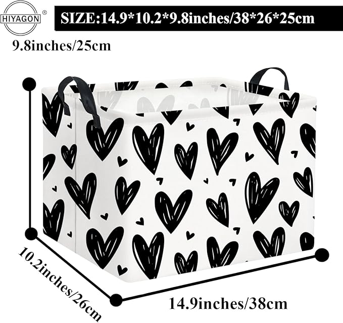 HIYAGON Rectangular Gift Basket Kids Baby Storage Bin Toy Organizer Box for Girls Love Room Decor(Black Light Heart)