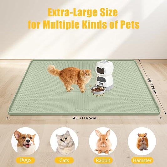 Lorvain 45" x 30" Cat Food Mat, Extra Large Silicone Pet Feeding Mat with Raised Edges, Pet Placemat for Cat Dog Food and Water Bowl Waterproof, Non-Slip, Easy to Clean, Floor Protection, Green