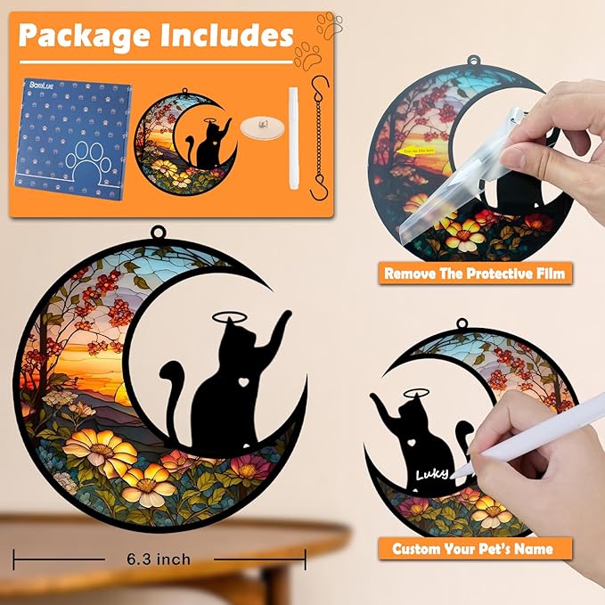 BamLue Cat Memorial Suncatcher for Windows Memorial Ornament, Pet Sympathy Gift to Memorialize the Loss, Cat Sun Catchers with Personalized Decorations in Loving Memory for Loss Cat