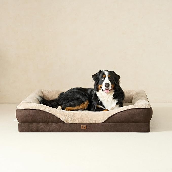 EHEYCIGA Orthopedic Dog Bed for Large Sized Dog, 36x27x7 Inch Large Memory Foam Dog Couch Bed with Sides, Waterproof Liner & Washable Removable Cover, Bolster Pet Sofa, Brown