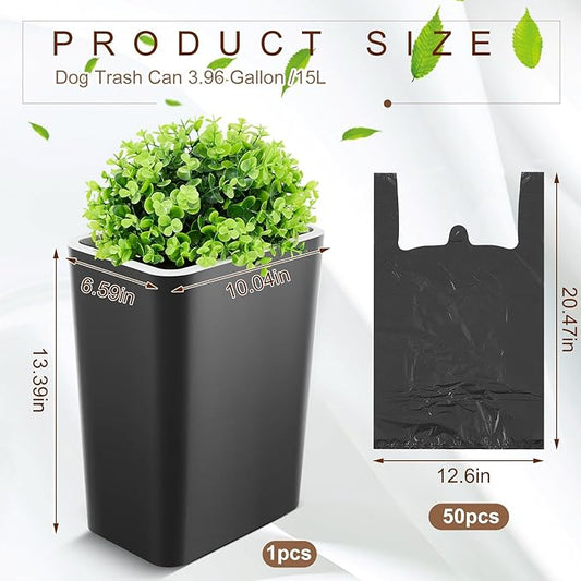 Jingmore Dog Poop Trash Can Outside 3.96 Gal/15 L Plant Styled Dog Waste Trash Can with Lid 50 Pcs Plastic Waste Bags Outdoor Indoor Poop Container Slim Garbage Bin for Yard Garden Pet (Black)