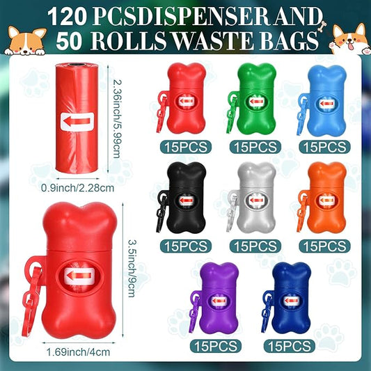 Zhehao 120 Pcs Bone Shaped Dog Poop Bag Dispensers with Disposal Small Dog Waste Bag Holder with Hook for Pet Puppy Walking Hiking Camping, 8 Colors