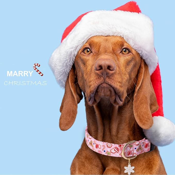 Faygarsle Pink Dog Collar With Christmas Design Pattern for Small Medium Large Dogs - Cute Stylish Girl Boy Christmas Collar S