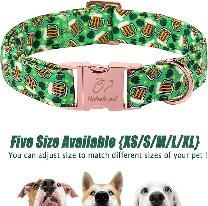 St. Patrick's Day Dog Collar, Beer & Clover Green Dog Collars, Adjustable Heavy Duty Irish Shamrock Pet Collar for Small Medium Large Dogs with Metal Buckle L