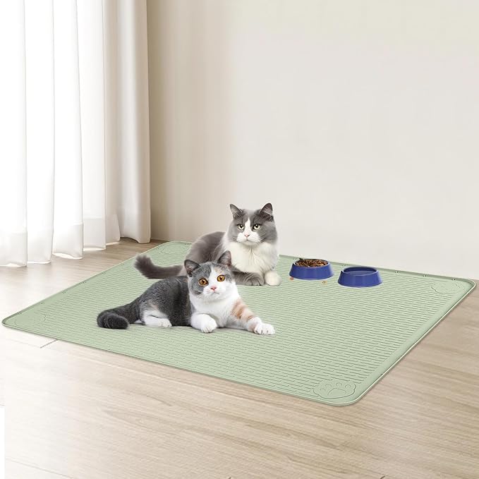 Cat Food Mat, 34" x 22" Large Silicone Pet Feeding Mat for Food and Water Bowls Non-Slip, Easy to Clean (Green)