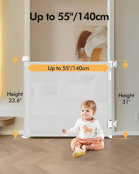 Retractable Baby Gate for Stairs & Doorways, 55" Wide x 33.6" Tall Easy Installation Mesh Dog Gate for Indoor & Outdoor Use,Pet and Dog Safety Gate for Hallways(White)
