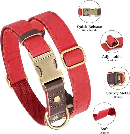 Didog Soft PU Leather Dog Collar for Large Dogs,Classic Adjustable Dog Collars with Quick Release Metal Buckle,Easy Clean and Comfortable with Nylon Lining,Red,L Neck 16-23"