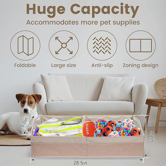 Large Dog Toy Basket With Handle, Foldable Dog Toy Box for Living Room Area, 28.5" Basket for Toy, Clothes, Organizers and Storage with Hard Board, Anti-slip for Pet Toys (Beige, Large)