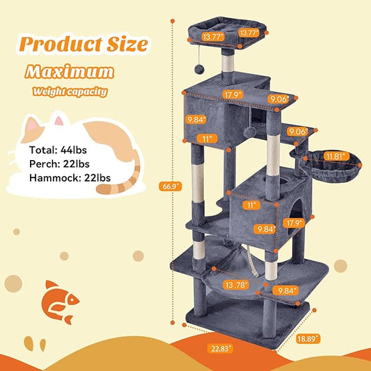 Large Cat Tree 66 Inch, Multi-Level Tall Cat Tree Tower with Condo, Perches, Sisal Scratching Posts and Hammock, Pet Play House with Dangling Balls for Indoor Cats, Dark Grey