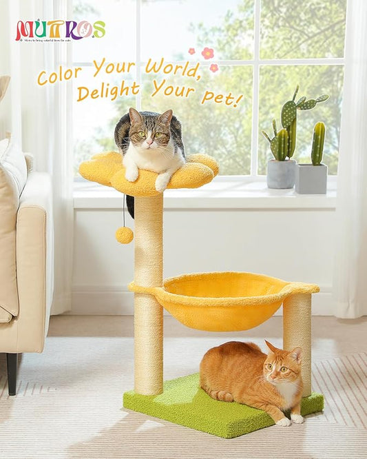 MUTTROS 28" Flower Cat Tree Cute with Flower Top Perch, Large Hammock for Indoor Small Cats, Small Cat Tower with Cute Scratching Post and Fur Toy Ball for Kittens, Yellow
