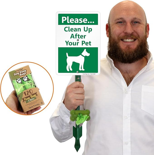 SmartSign Please Clean Up After Your Pet Yard Sign & Clip-On Preloaded Dispenser Combo/Kit with 135 Dog Poop Waste Bags, 7"x10" Rust-proof Aluminum Sign with 18-inch Steel Stake