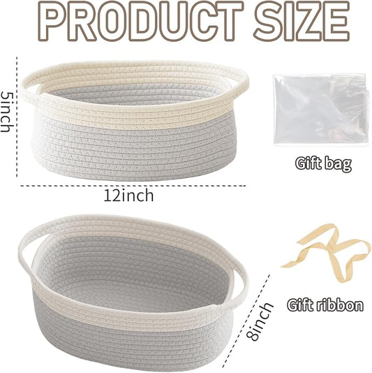 Woven Basket,Small Rope Storage Bin with Handles & Ribbon Bag, Organizer for Shelves Closets,Gift Basket Empty for Birthday,Books,Dog Toys, White&Grey/3 Pack