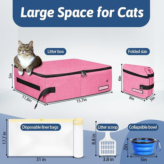 Petskd Portable Cat Travel Litter Box with Lid and 10 pcs Disposable Liner Bags, Leak-Proof and Collapsible, Cat Travel Essentials for Car, Hotel, Airplane and Other Outdoor Use(Pink)