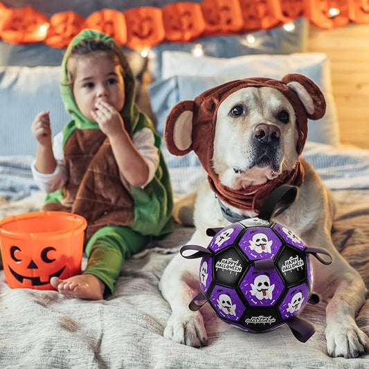 Halloween Dog Toy Halloween Dog Soccer Ball with Straps Dog Interactive Ball Toy Dog Halloween Tug of War Toy Dog Soccer Ball for Small Medium Large Size Dogs (6 inches) S