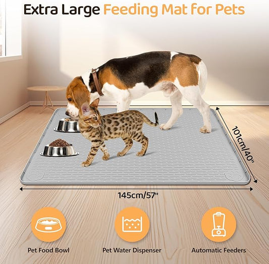 Dog Food Mat, Extra Large 57" x 40" Silicone Pet Feeding Mat with Raised Edge Pet Placemat for Small, Medium, and Large Pets Non-Slip, Easy to Clean (Light Grey)