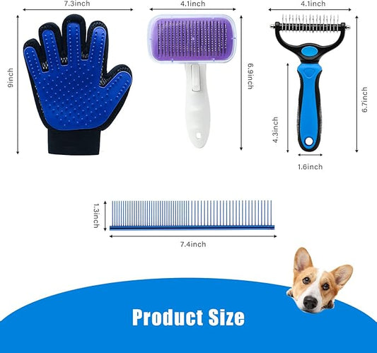 Dog Grooming Kit with Self Cleaning Slicker Brush, Pet Hair Remover Massage Gloves, Shedding Dematting Steel Comb for Long & Short Haired Cats Dogs, 4 Count