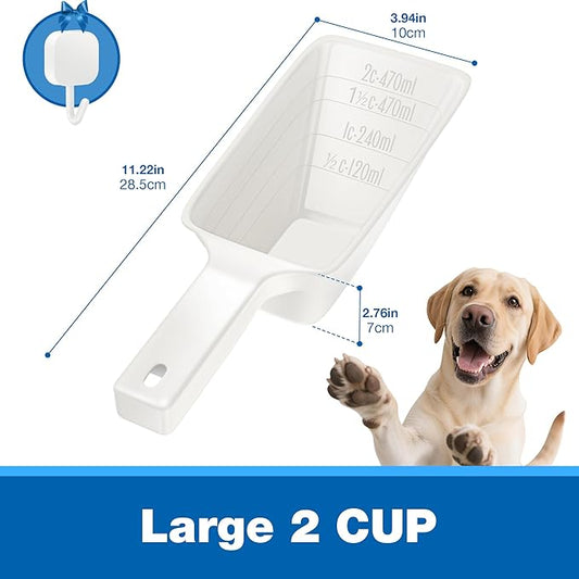 Food Scoop 2 PACK,2 Cup Capacity Dog Food Scoop With Measuring Lines For Dog, Puppy and Cat Coffee Bean Scoop, Flour Scoop (Large White)