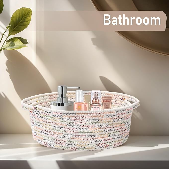 Woven Basket,Small Rope Storage Bin with Handles & Ribbon Bag, Organizer for Shelves Closets,Gift Basket Empty for Birthday,Books,Dog Toys, Colorful/3 Pack