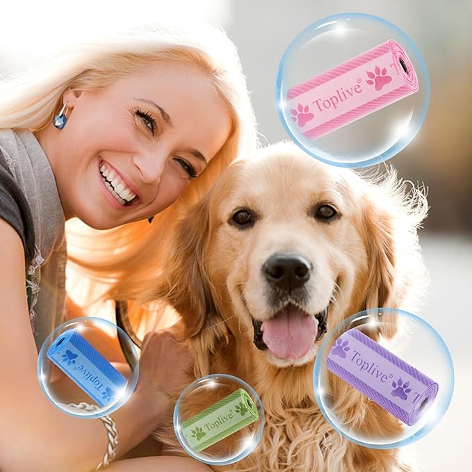 Toplive Dog Poop Bags Rolls, Pet Waste Bags, Extra Thick Strong Leak-Proof Dog Bag for Poop 8 Rolls (120 Bags), Assorted Colors with Cute Prints