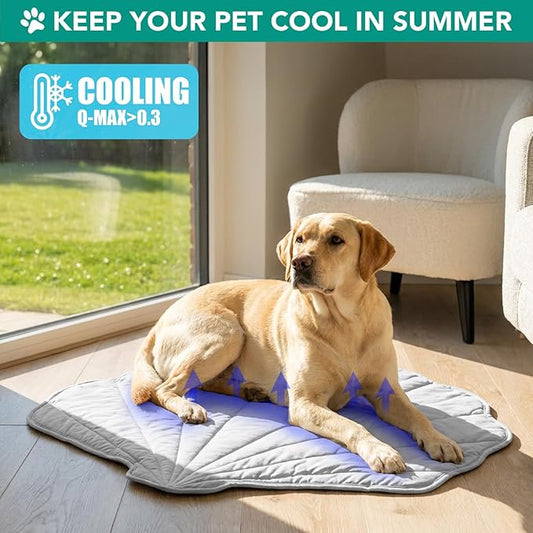 PetAmi Dog Cooling Mat, Sea Shell Shape, Reversible Cooling Nylon Blanket Soft Fleece Pet Pad for Dogs Cats, Summer All Season Use Q-Max>0.3, Medium 40x47 in, Light Grey