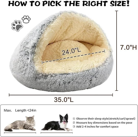 ShinHye Round Plush Fluffy Hooded Cat Bed Cave, Cozy for Indoor Cats or Small Dogs, Waterproof Bottom, Washable(35 in)