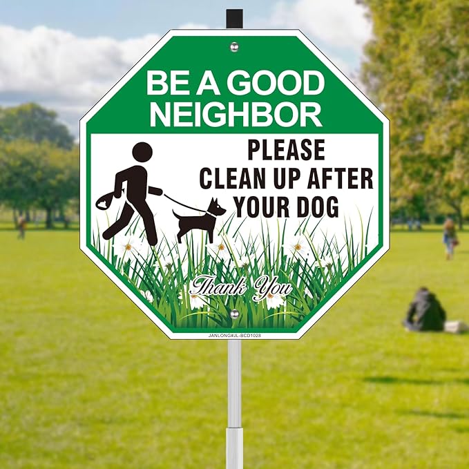 Clean Up After Your Dog Sign with Stake, 10"W x 28"H Aluminum Be A Good Neighbor, Pick Up After Your Dog Sign for Yard, No Poop Lawn Sign, Curb Your Dog Signs for Lawn- Easy to Install