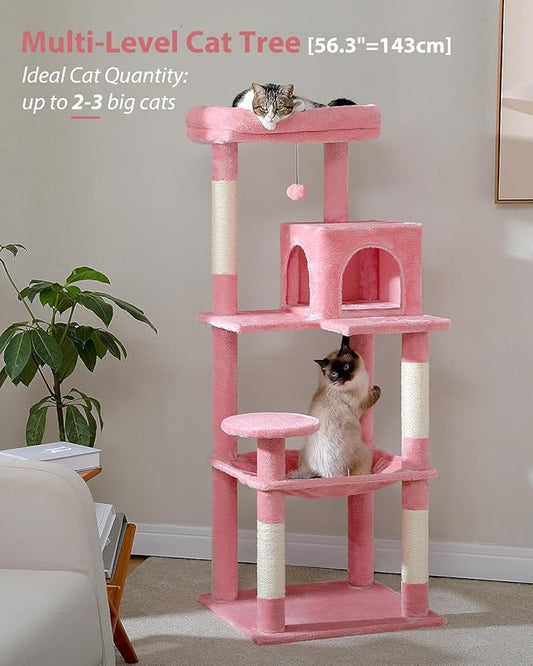 MUTTROS Cat Tree for Large Cats with Metal Plush Big Hammock, 56.3" Cat Tower for Indoor Cats with 2 Door Condo House, 6-Tier Cat Shelves with Scratching Posts and Large Top Perch, Pink