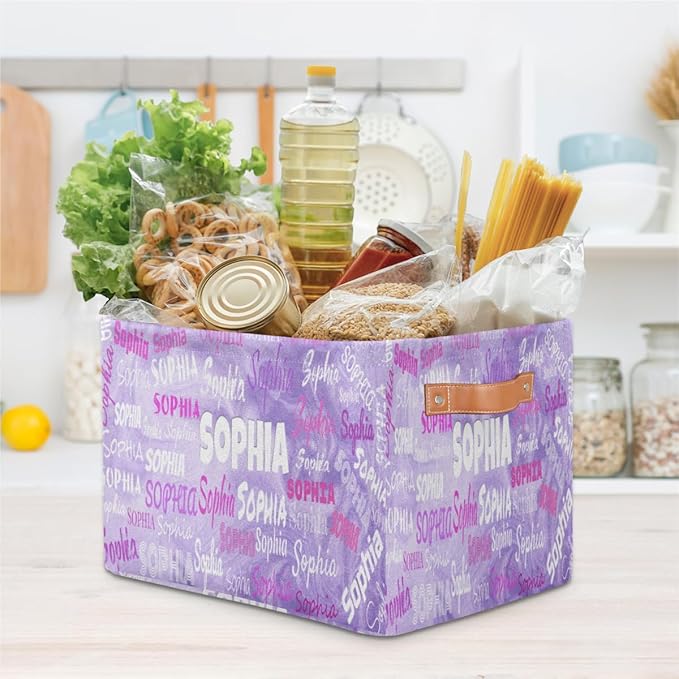 Custom Storage Baskets for Kids with Name, Large Foldable Organizer Collapsible Storage Bin with Leather Handle for Home Toys Closet Nursery, Light Purple Sand Texture Pattern