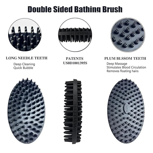 ROPO Double Sided Dog Bath Brush, Pet Grooming Tool with Long and Plum Blossom Teeth, Deep Cleaning and Massage (Black)
