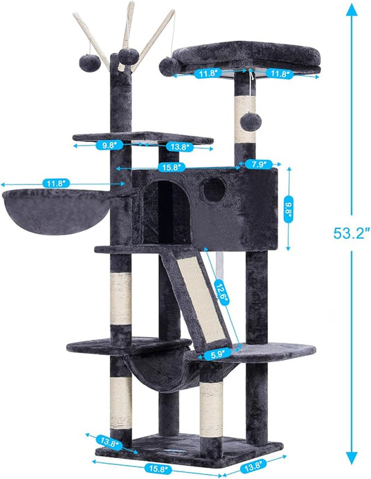 Hey-brother Cat Tree, 53 inch Cat Tower for Indoor Cats, Cat House with Padded Platform Bed, Toy Balls, Large Cozy Condo, Hammocks and Sisal Scratching Posts, Smoky Gray MPJ019-SG