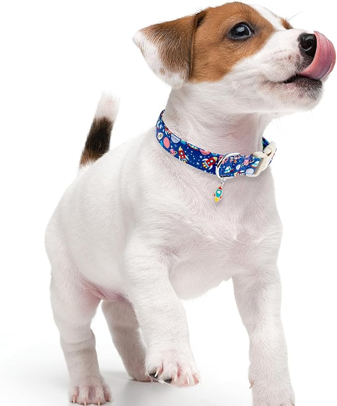 Faygarsle Space Theme Dog Collar, Navy Blue with Rockets and Planets Pattern for Summer Small Medium Large Dogs XS
