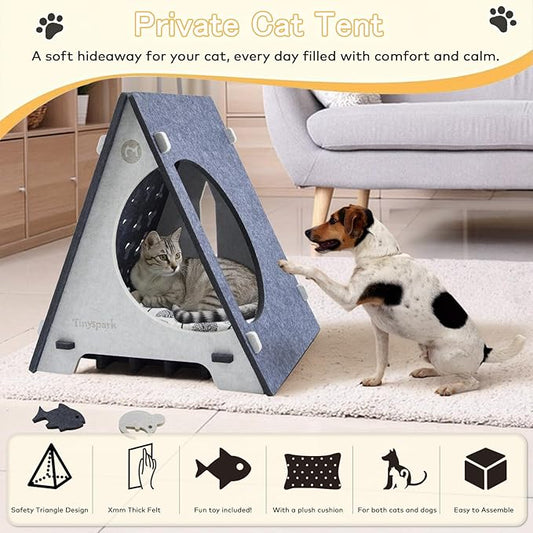 Triangle Cat Tent with Removable Pad, Enclosed Pet Bed & Hideaway for Small Cats, Includes 4 Felt Toys, Portable Gray Beige House, 17.7" L x 18.5" W x 20.5" H