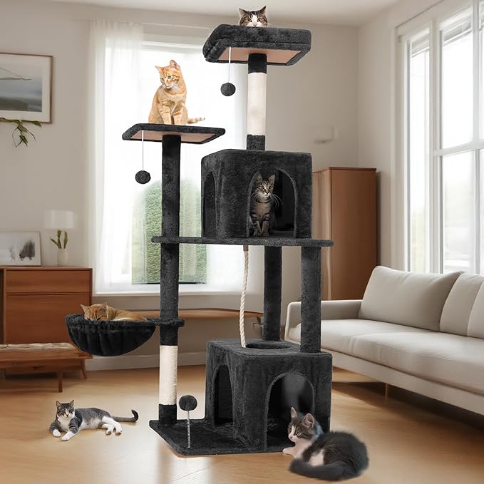 Cat Tree, 54-Inch Cat Tower for Indoor Cats, Soft Plush Multi-Level Climbing Cat Condo with Scratching Posts, Basket, Perches,2 Caves,2 Pompoms Play House for Cat(Black)