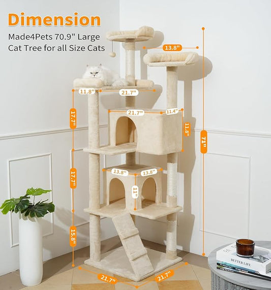Made4Pets Cat Tree Tower 70in Cat Tower for Indoor Cats Kitten Tree Multi-Level Cat Tree with 2 Condo Furniture Activity Center with Scratching Posts Funny Toys Kittens Pet Play House, Beige