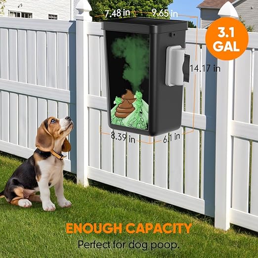 Moryimi Dog Poop Trash Can Outside, 3.1 Gallon Dog Waste Trash Can with Trash Bag Dispenser, Outdoor Dog Poop Trash Can with Lid, Black Hanging Trash Can for Fence, Garbage, Outdoors, Counter Top