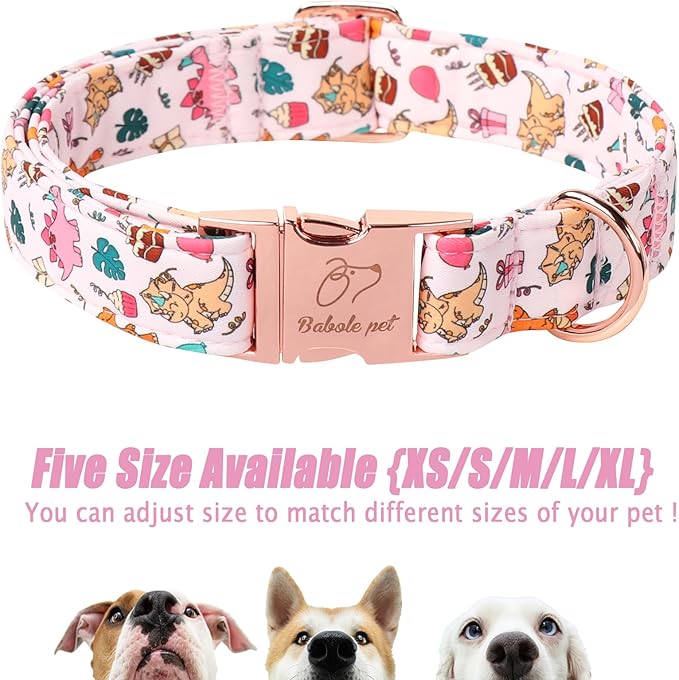 Cute Dinosaur Dog Collar - Adjustable Cartoon Girl Dog Collars for Medium Dogs, Heavy Duty Metal Buckle Pet Collar, Pink Dino, M