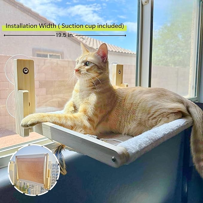 Foldable Cat Window Perch, Natural Wood, 16.5''ร12'' Hammock, 35 lbs Weight Limit, Cat Window Hammock for Small Size Windows