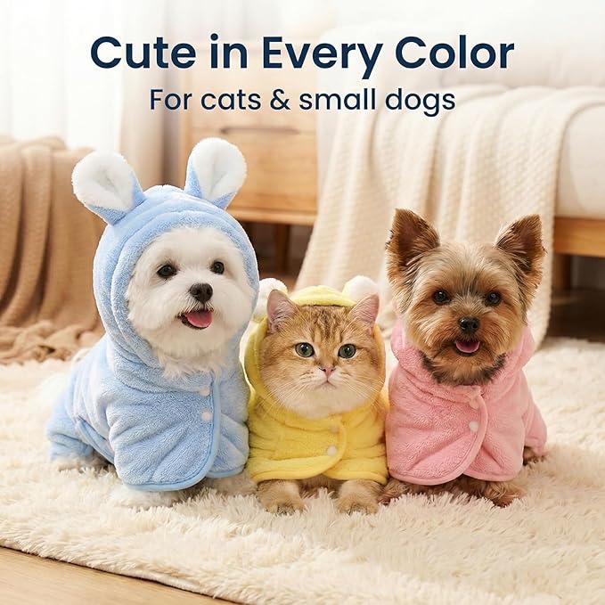 Dog Bathrobe Super Absorbent Towel for Small Dogs Cats Fast Drying Dog Robe Coat with Hood Puppy Cat Bath Towel Wrap Pet Grooming Supplies After Shower (Yellow,S)
