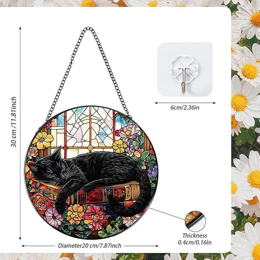 Stained Glass Window Hanging, 7.8″ Cat and Flower Sun Catchers with Hook Indoor Window Decor, Decorative Suncatchers Hanging Ornaments Home Garden Art Gift for Housewarming